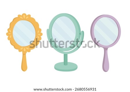 Vector illustration of three different cosmetic mirrors with decorative frames in flat cartoon doodle style.