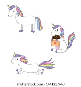 Vector illustration. Three different cute unicorns. Set of unicorns. White background. Sweet illustration for kids. 