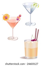 Vector illustration of three different  decorated cocktail drinks