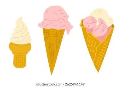 Vector illustration of three different ice cream cones with vanilla and strawberry flavors on white background. Concept of summer dessert, sweet treat and cold refreshing snack