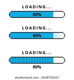 Vector illustration of three different loading bar templates, all in blue. A 80% loaded loading bar for websites and graphic resources.