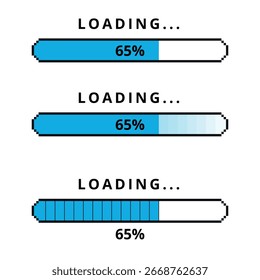 Ilustração vetorial de três diferentes modelos de barra de carga, todos em azul. Uma barra de carga de 65% carregada para sites e recursos gráficos.
