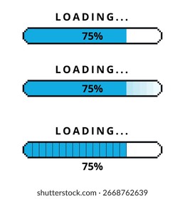 Ilustração vetorial de três diferentes modelos de barra de carga, todos em azul. Uma barra de carregamento de 75% carregada para sites e recursos gráficos.