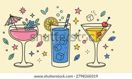 Vector illustration of three different refreshing summer cocktails in glasses decorated with an umbrella, lemon slice, and cherries on a yellow background.