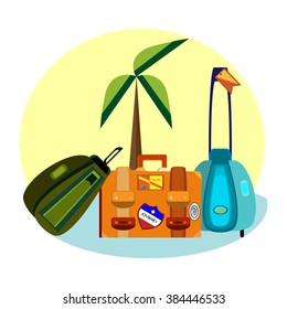 vector illustration of three different suitcases with traveling labels, with a tropical background