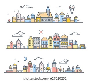 Vector illustration of three different summer city landscape on white background. Urban european retro color detailed city with tree, cloud, air balloon. Thin line art design for web, site, banner