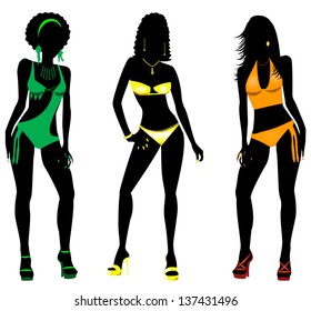 Vector Illustration of three different swimsuit silhouette women in bikini, tankini and monokini swimwear.