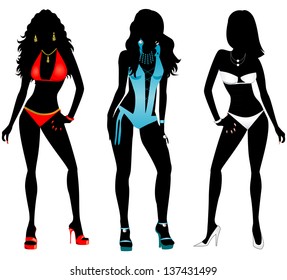 Vector Illustration of three different swimsuit silhouette women in bikini and monokini swimwear.