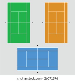 Vector illustration of three different tennis court surfaces