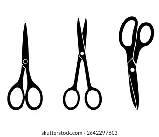 Ilustração vetorial de três tipos diferentes de tesouras em silhueta preta, apresentando formas e funcionalidades distintas