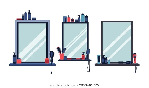 Vector illustration of three different vanity mirrors with grooming products and hair styling tools on blue shelves.