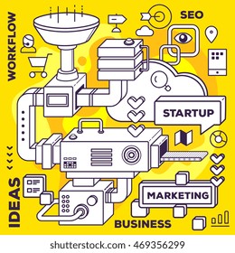 Vector illustration of three dimensional black and white mechanism to develop startup on yellow background. 3d line art style design for business start up web, site, banner, poster, print