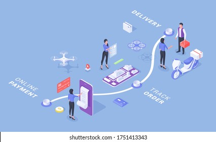 Vector illustration of three dimensional female customer making online payment for order and tracking it until being delivered by courier on blue background