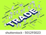 Vector illustration of three dimensional word trade with people and tags on green background with scheme. World trade concept. 3d thin line art style design for web, site, banner