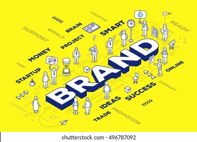 Vector illustration of three dimensional word brand with people and tags on yellow background with scheme. Branding  technology concept. 3d thin line art style design