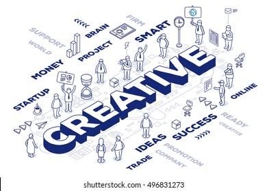 Vector illustration of three dimensional word creative with people and tags on white background with scheme. Creative idea concept. 3d thin line art style design for web, site, banner