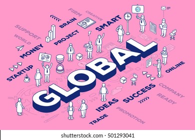 Vector illustration of three dimensional word global with people and tags on pink background with scheme. Global social community concept. 3d thin line art style design for web, site, banner