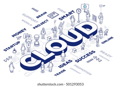 Vector illustration of three dimensional word cloud with people and tags on white background with scheme. Cloud technology concept. 3d thin line art style design for web, site, banner