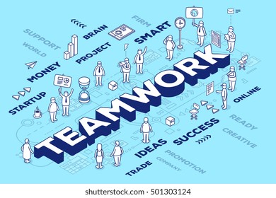 Vector illustration of three dimensional word teamwork with people and tags on blue background with scheme. Business teamwork concept. 3d thin line art style design for web, site, banner