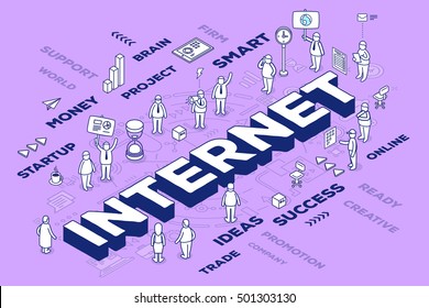 Vector illustration of three dimensional word internet with people and tags on purple background with scheme. Networking concept. 3d thin line art style design for web, site, banner