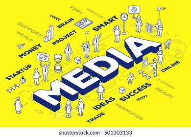 Vector illustration of three dimensional word media with people and tags on yellow background with scheme. Social media concept. 3d thin line art style design for web, site, banner