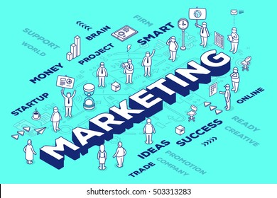 Vector illustration of three dimensional word marketing with people and tags on white background with scheme. Marketing technology concept. 3d thin line art style design for web, site, banner
