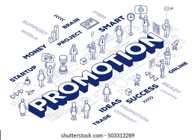 Vector illustration of three dimensional word promotion with people and tags on white background with scheme. Promo technology concept. 3d thin line art style design for web, site, banner