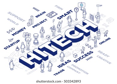 Vector illustration of three dimensional word hi tech with people and tags on white background with scheme. Innovation technology concept. 3d thin line art style design for web, site, banner