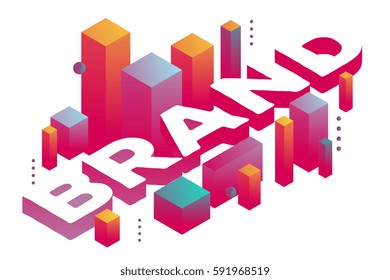 Vector illustration of three dimensional word brand with abstract colorful shapes on white background. Branding technology concept. 3d style design for web, site, banner, presentation