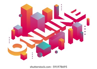 Vector illustration of three dimensional word on line with abstract colorful shapes on white background. On line communication concept. 3d art style design for web, site, banner, presentation