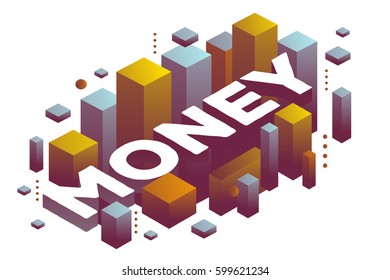 Vector illustration of three dimensional word money with abstract color shapes on white background. Payment technology concept. 3d style design for web, site, banner, presentation