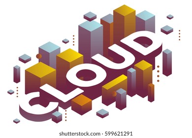 Vector illustration of three dimensional word cloud with abstract color shapes on white background. Cloud technology concept. 3d style design for web, site, banner, presentation