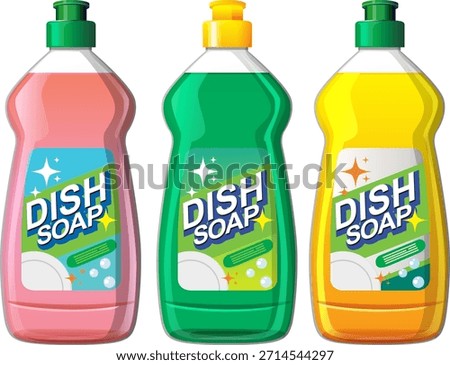 Vector illustration of three dish soap bottles with bright labels, clean highlights, and reflections