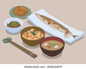 vector illustration of three dishes in one soup with grilled saury