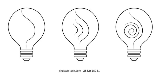 Vector illustration of three distinct light bulb designs isolated on transparent background for visual creativity and inspiration. Black light bulb outline on a transparent background.