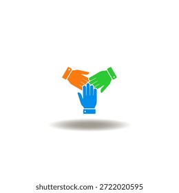 Ilustración vectorial de tres manos diversas que se unen. Símbolo de trabajo en equipo, asociación empresarial. Icono de participación. Signo de unirse a nosotros.
