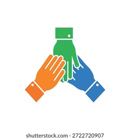 Vector illustration of three diverse hands together joining. Symbol of teamwork, business partnership. Icon of participation new