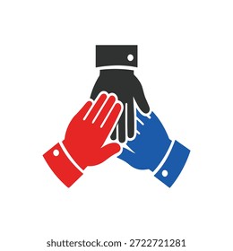 Vector illustration of three diverse hands together joining. Symbol of teamwork, business partnership. Icon of participation.new