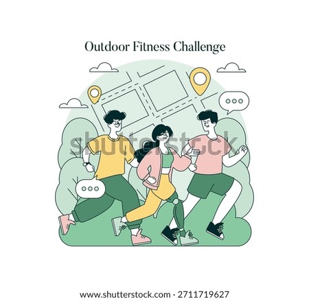 Vector illustration of three diverse individuals jogging together in an outdoor fitness challenge. Characters are smiling and chatting amid a scenic city backdrop with trees.