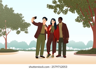 A vector illustration of three diverse young friends taking a selfie in a park. The group, dressed in casual autumn-inspired outfits, enjoys a relaxing outdoor moment. This digital artwork captures