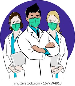 vector illustration of three doctors ready to serve patients against the corona virus