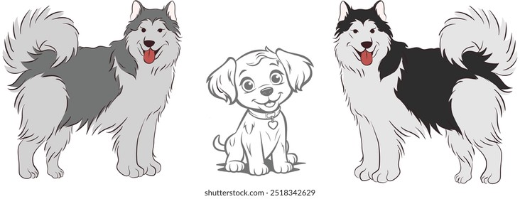 Ilustración vectorial de tres perros: uno en blanco y negro, otro en gris y blanco, y un cachorro juguetón. El diseño muestra Arte vectorial detallado y de alta calidad con distintos patrones de color.