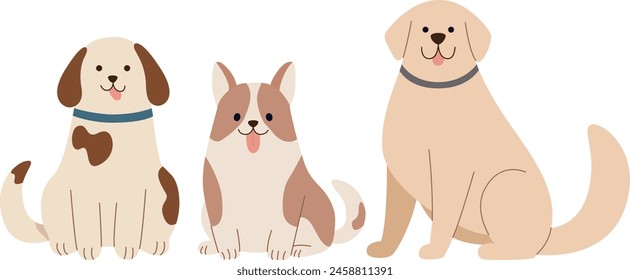 Vector illustration of three dogs sitting. Colorful flat concept