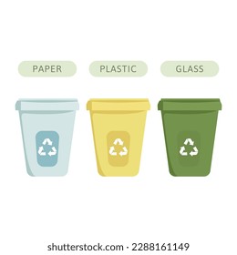 Vector illustration of three dumpsters trash cans of blue yellow and green colors with recycling symbol for sorting different types of garbage. Sustainability environment protection concept