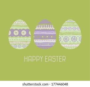 vector illustration of three easter eggs decorated with ethnic ornament and words happy easter written below