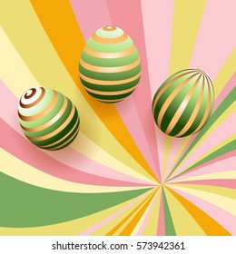 Vector illustration of three Easter eggs with green ribbons in realistic style on colorful background.