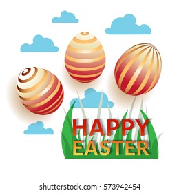 Vector illustration of three Easter eggs with red color accents in realistic style.