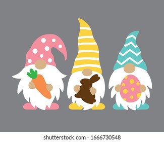Vector illustration of three Easter gnomes holding Easter egg, chocolate bunny and carrot.