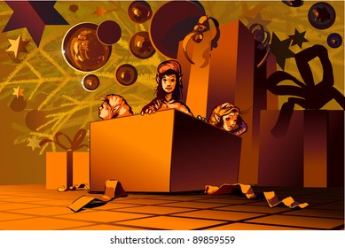 Vector illustration of three elf-girls going out of their present box, under the christmas tree. Warm interior atmosphere. Elements are in separate groups for easier editing.