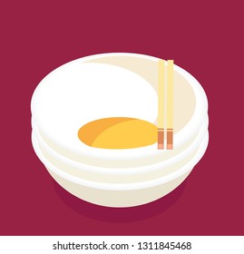 Vector illustration of three empty chinese ramen soups food with egg noodles and another decorations and chinese chopsticks with shadow on burgundy color background